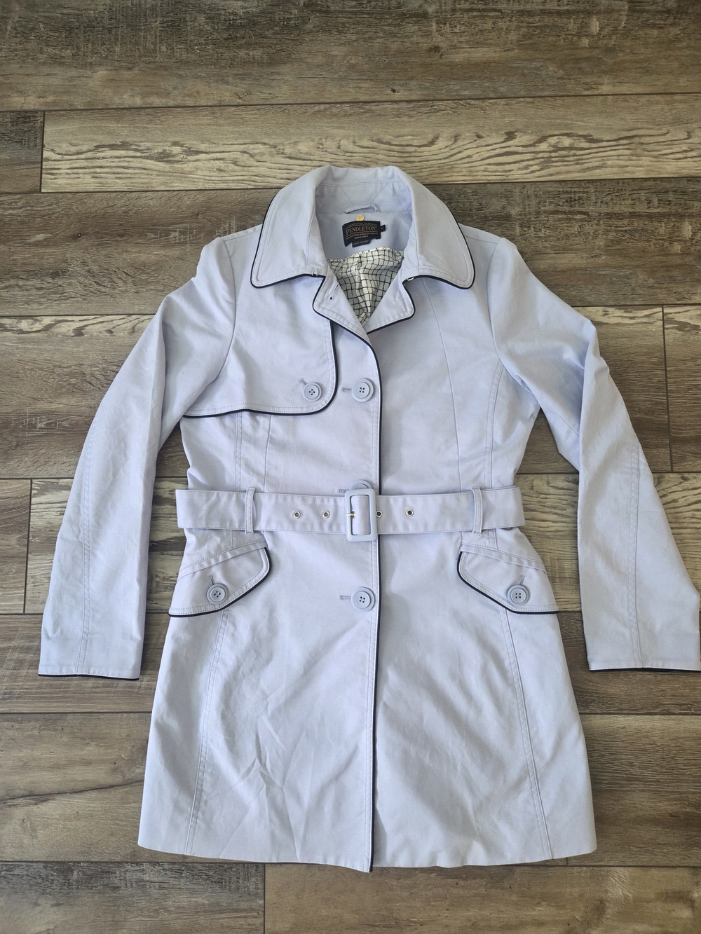 Pendleton Light Blue Belted Trench Coat with Black Piping Size M